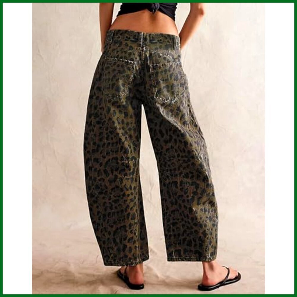 Stretchy Mid Rise Barrel Jeans Vintage Loose Wide Leg Cropped Denim Pants - Picture 4 of 4
